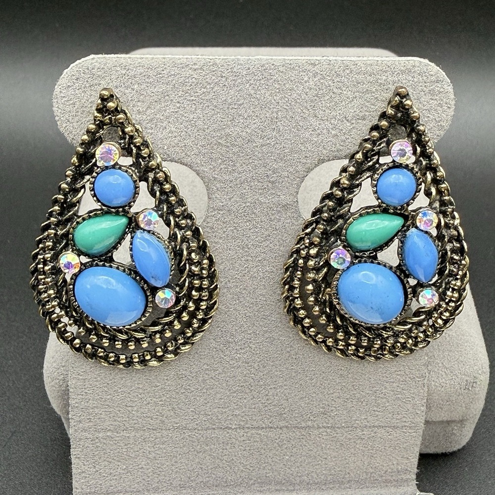 Vintage Blue Green Cabochon AB Crystal Rhinestone Rope Texture Teardrop Earrings